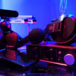 Streamer setup with microphone, headphones and a Focusrite sound card