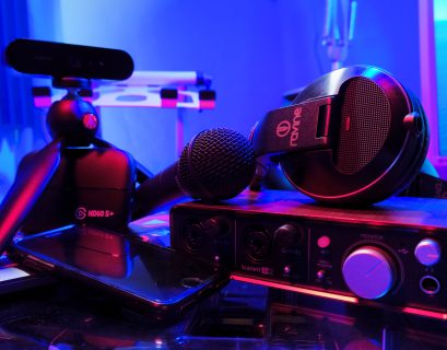 Streamer setup with microphone, headphones and a Focusrite sound card