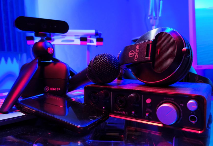 Streamer setup with microphone, headphones and a Focusrite sound card